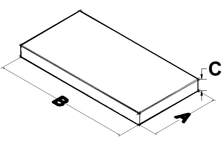 Foam pad isometric drawing with A, B and C dimensions