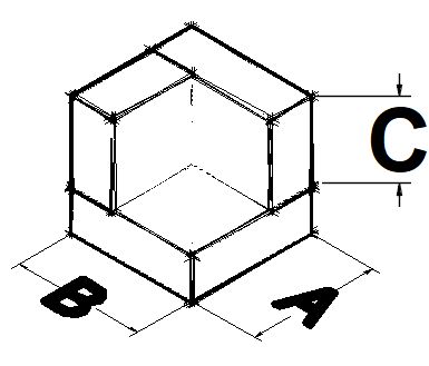 Square foam protector isometric drawing with A, B and C dimensions